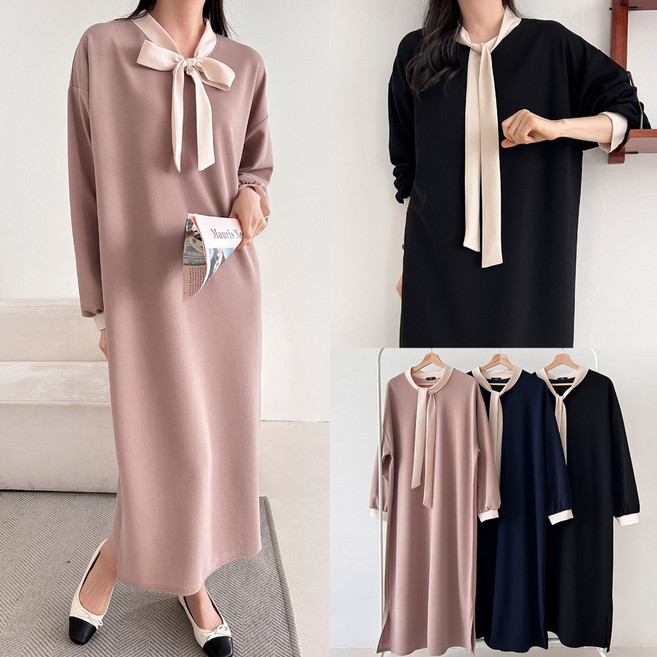 보리맘 리본 배색 빅사이즈 롱 원피스 임부복 R795