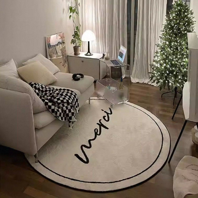 원형 화이트 카페트 merci 레터링 러그 모던 바닥 매트