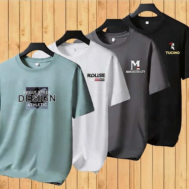 남성용 라운드 반팔 티셔츠 코튼 소재 땀 흡수 기능성 레터링 디자인 루즈핏 캐주얼 스타일 편안한 착용감 여름 남성 상의 아이템입니다