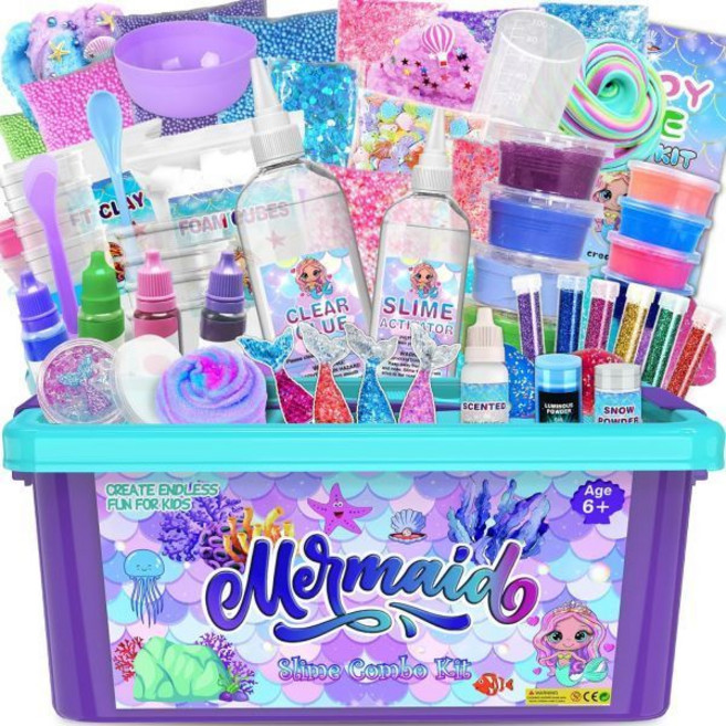 여아용 인어 슬라임 키트 10년 이상 글로우 인 더 다크 버터 DIY 만들기 미리 제작된 솜털 글리터 클라우드 크리스마스 발렌타인 장난감 아이들 생일 파티 좋아하는 친구 선물 공예, 1개