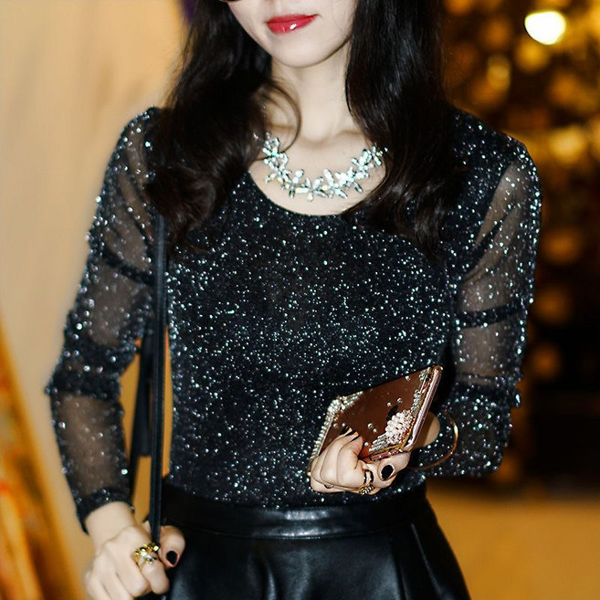 슬림핏 빅사이즈 반짝이 라운드 시스루 소매 긴팔 티셔츠 심플한 디자인 스타일 완성