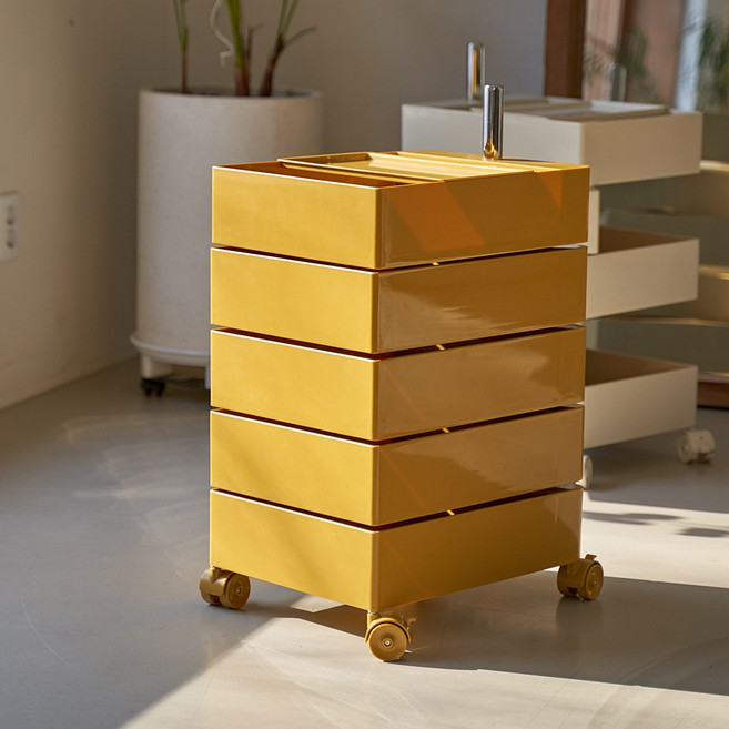 가구앤하우스 피보 360도 회전 이동 서랍 사각 트롤리 컨테이너 틈새 수납장, 옐로우, 5단