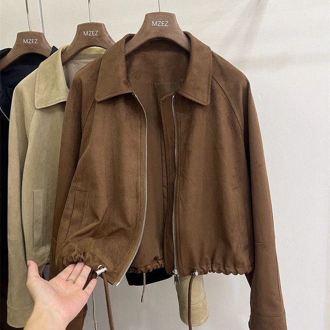 여성 고급스러운 무스탕 집업 자켓 상의 여자 패션 스트링 스웨이드 자켓 점퍼