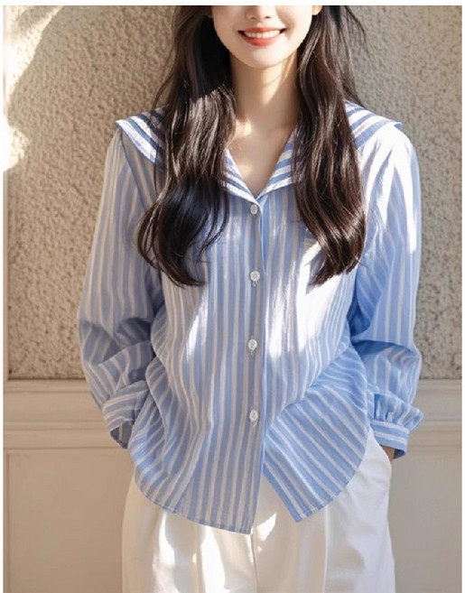 Toruva 캐주얼 봄여름 스트라이프 와이드 칼라 긴팔 셔츠 버튼 클로징