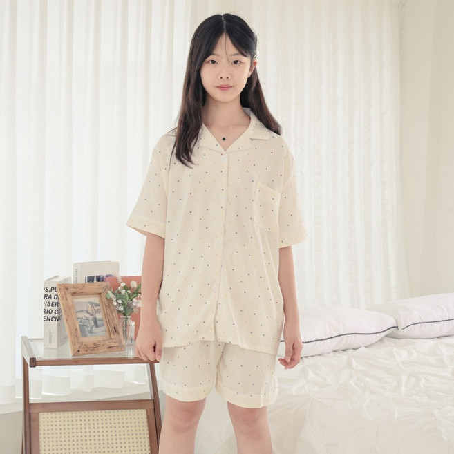 코코드림 여자 주니어 학생 도트 모던카라 홈웨어 반팔 셔츠 + 바지 세트 #PPY122