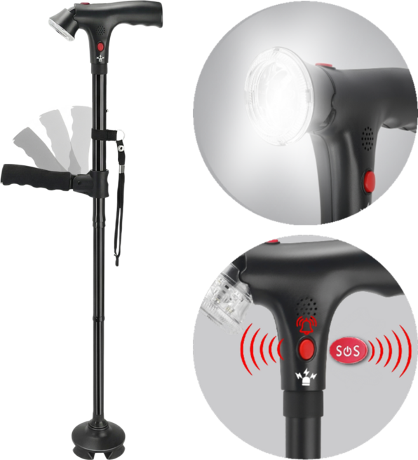 레아레아 어르신 지팡이 LED 플래시 라이트 비상 경보음 기립보조 지지대 초경량 접이식 길이조절 네발 고급형, 블랙, 1개