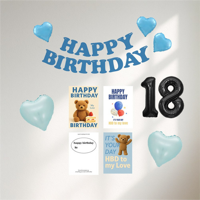 해피제이니 생일 펠트가랜드 생일 포스터 4장 파티 셀프꾸미기 세트, 1세트, 블루가랜드 숫자18