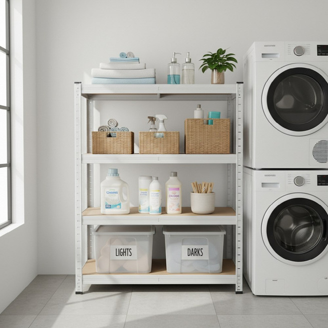 무볼트 앵글선반 4단 화이트 블랙 랙 조립식 경량랙 펜트리 베란다 철제 진열 창고 건조기 페리코