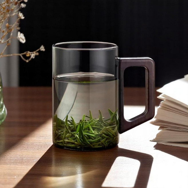 픽커리 홈 카페 고급 글라스 손잡이 내열 유리 머그컵 450ml, 1개, 그레이