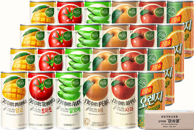 마셔몰 주스세트 자연은망고 알로에 토마토 오렌지 사과 배 6가지맛 각4캔씩, 24개, 180ml