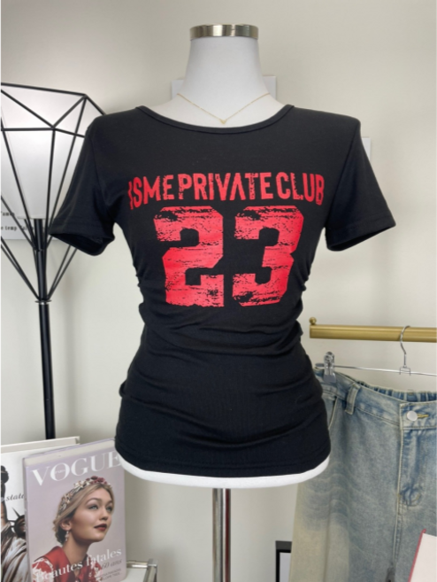 [슬림핏 옆셔링반팔 할인] 빈티지 넘버23클럽반팔 여리여리핏 핏보장 레터링 유넥 뼈말라핏 허리잘록 힙걸룩 힙빈티지 Y2K룩