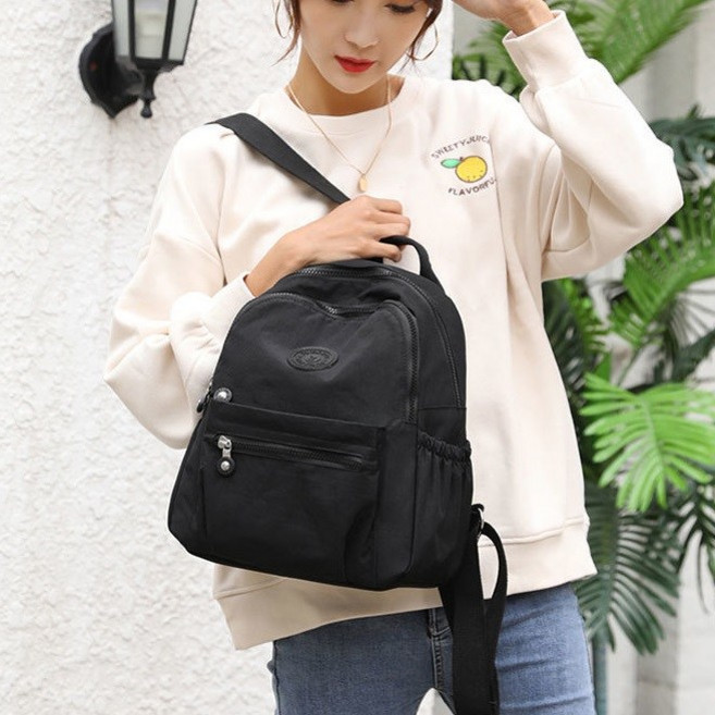 防水牛津布後背包 女款休閒雙肩包 輕量防刮易清潔 多隔層設計 附耳機孔, 210-水彩紋黑色