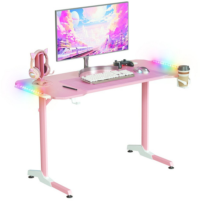 컴퓨터책상 LED RGB 게이밍 책상 올인원 학생용 사무용, 러블리 핑크