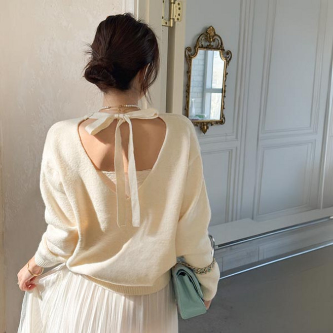 [난닝구]르젠코 뒷리본브이넥니트