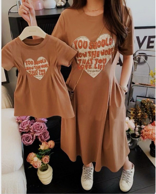 韓版夏季親子裝打結連身裙 媽媽寬鬆休閒母女裝, 057咖色愛心收腰連身裙,100碼(兒童款)