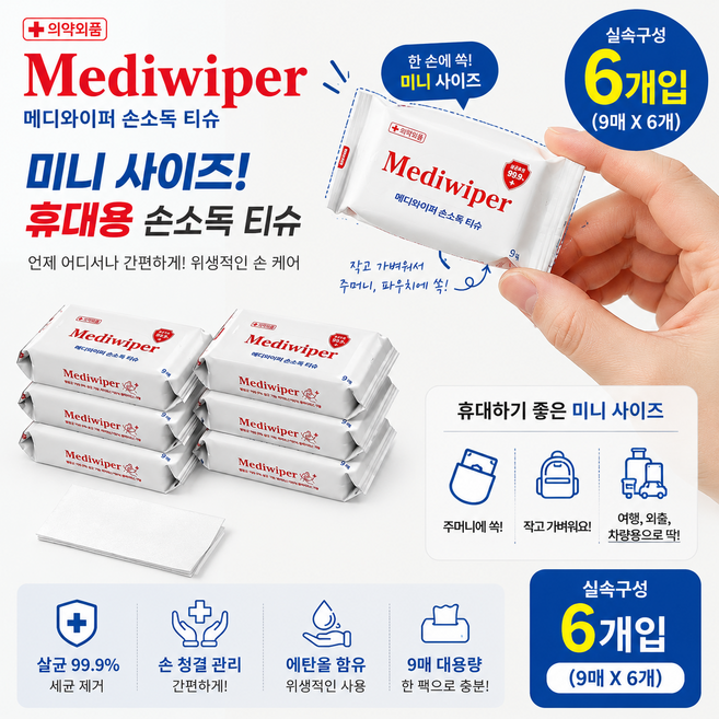 메디와이퍼 미니손소독티슈 6개입, 1세트