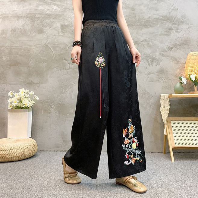 여성 개량한복 긴바지 자수 하이웨스트 캐주얼 슬랙스 생활한복 실크 자카르 와이드 팬츠