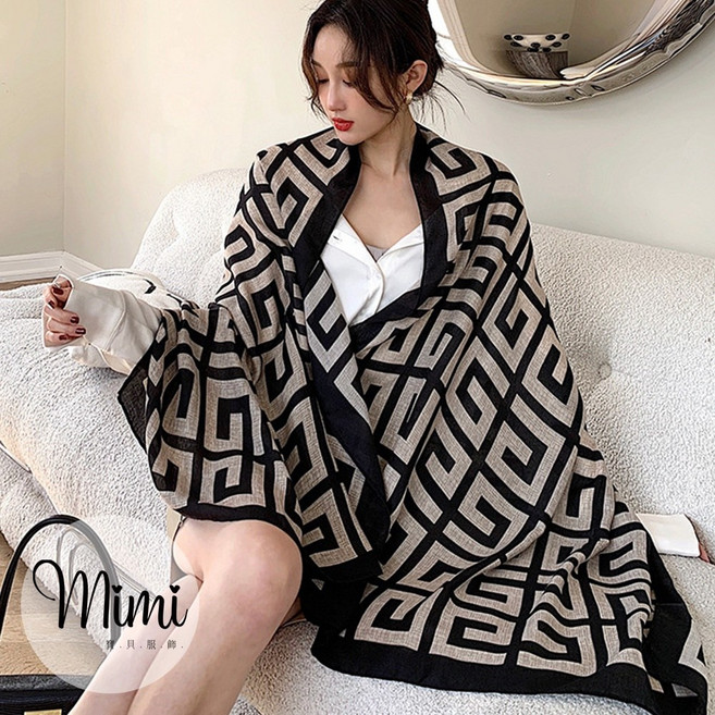 Mimi 名品風印花棉麻手感兩用披肩圍巾