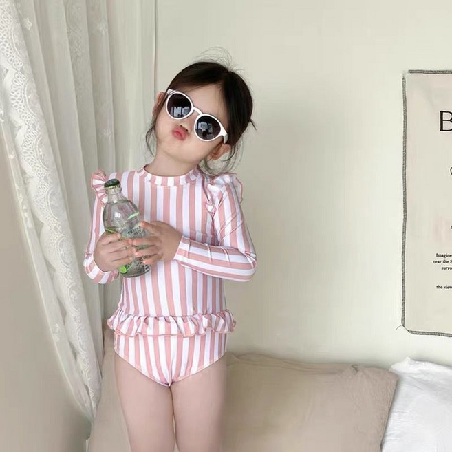 ins女童連體長袖泳衣 兒童寶寶防曬公主連體泳裝 2025新款, 1個, 連體條紋泳裝【不配泳帽】130