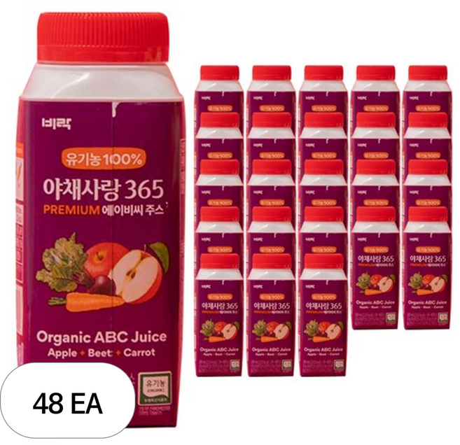 비락 유기농100% 야채사랑 365 ABC 주스, 180ml, 48개