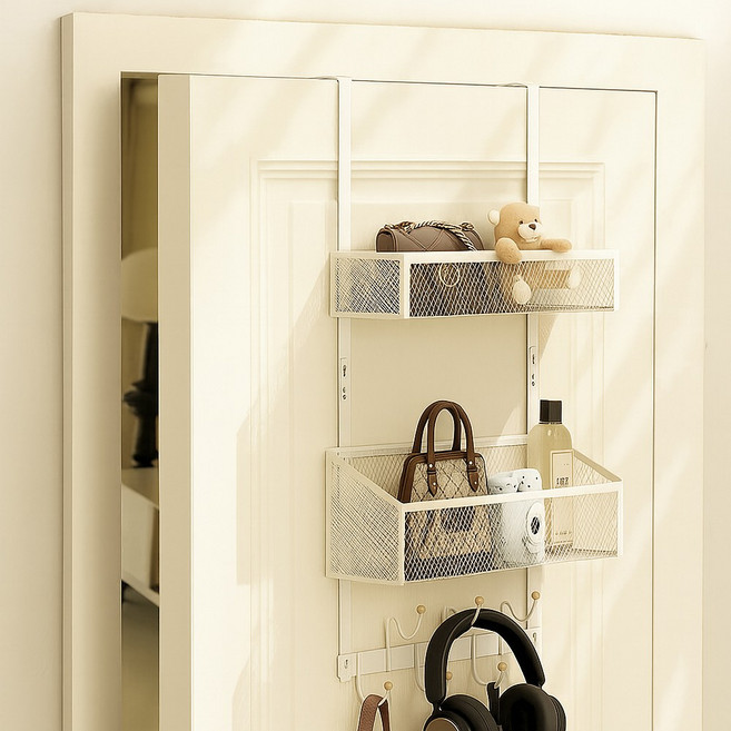 [문걸이 욕실] 무타공 다용도 수납 선반 2단 화장실 수건 행거 문뒤수납, 1개, 퓨어화이트