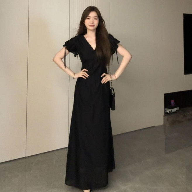 BiimTee 여성 V넥 반팔 플레어 롱 원피스 하이웨이스트 캐주얼 데일리 드레스