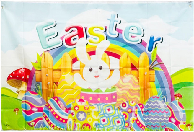 復活節橫幅 基督教十字架 /He is Risen/ 背景布 派對掛飾 150x90cm, 彩虹白兔彩蛋旗幟, 1個