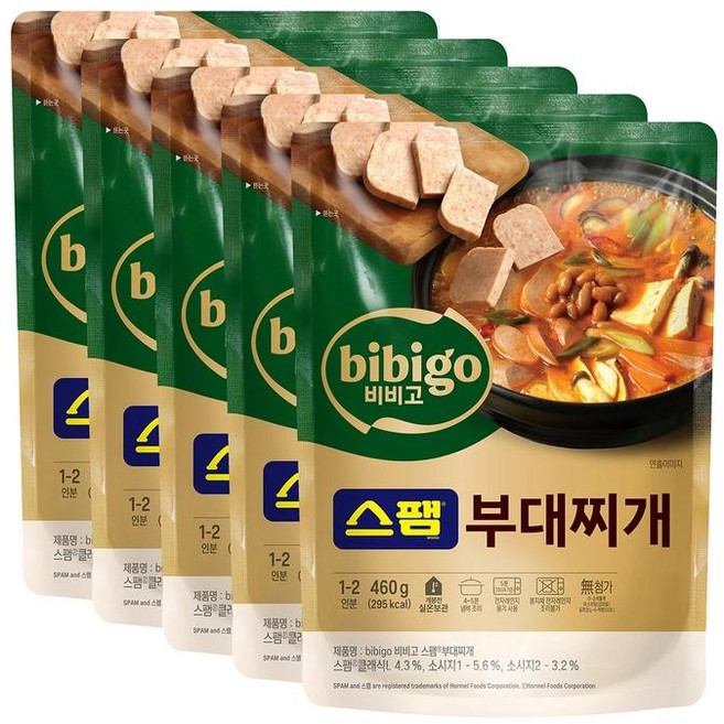 자취생 탕비실 식사대용 CJ 비비고 스팸 부대찌개 5개 홈쿡 밀키트 간편식사 460g 1세트, 4세트