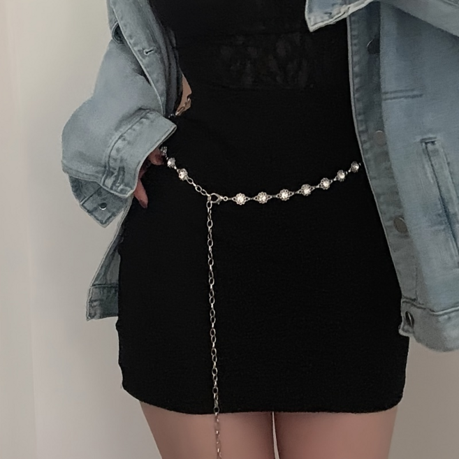 꽃 모양 큐빅 장식 허리 체인 벨트 라인스톤 포인트 허리 장식 액세서리