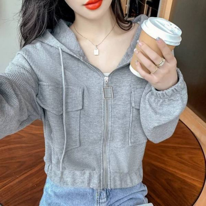 春秋季華夫格連帽短外套女 韓版休閒寬鬆拉鍊開衫學生上衣