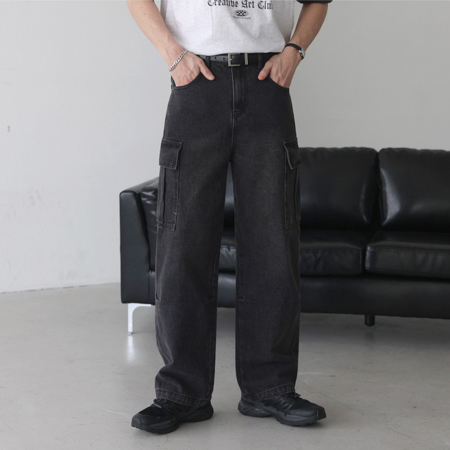 워싱 카고 절개 프리미엄 데님 와이드 청바지 팬츠(2color)