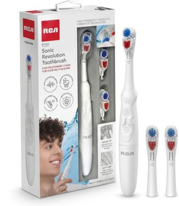RCA 전동칫솔 성인용 소닉 레볼루션 전동 칫솔 - 고주파 진동 스핀 브러시 동작 부드러운 칫솔모 및 여분의 칫솔모를 갖춘 배터리 구동, RCA 전동칫솔 성인용 소닉 레볼루션 전동 칫솔 - 고