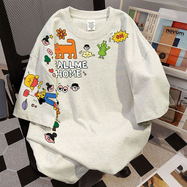 지고다그 형광 연두 캐릭터 프린트 반팔티공용 여름 라운드넥 티셔츠 ZXC40996