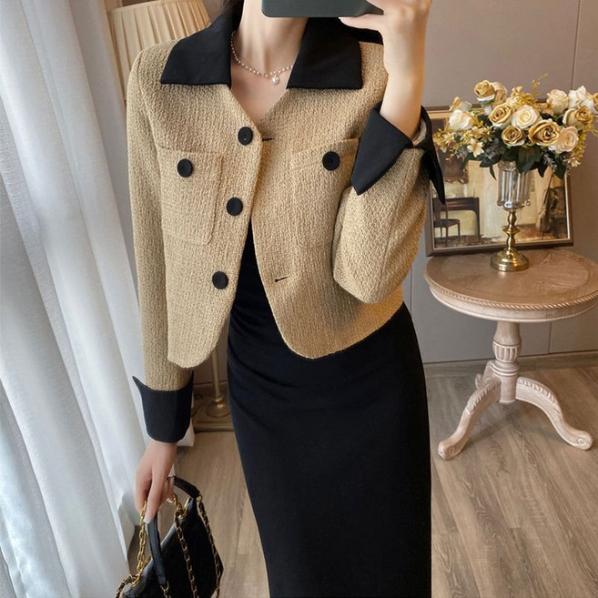 봄 가을 여성 긴팔 트위드 자켓 캐주얼 소향풍 코트 루즈핏 상의 아우터 기질 여자 폴로넥 숏 재킷 LPC