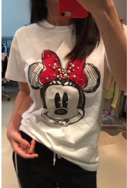 미니마우스 비즈 순면 반팔 티셔츠 여성용