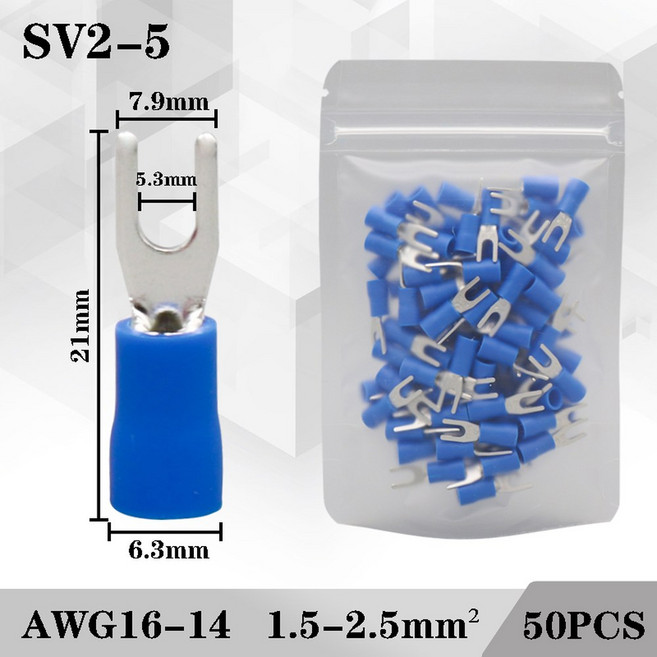 50PCS 순수 구리 스페이드 터미널 절연 포크 압착 단자 와이어 엔드 커넥터 SV1.25/2/3.5/5.5-3/4/5/6/8 케, 01 50PCS, 06 SV2-5