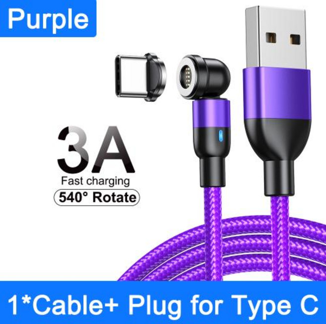 AUFU 마그네틱 USB 케이블 3A 고속 충전 C 타입 케이블 540 회전 자석 충전기 마이크로 USB 케이블 삼성에 적합한 아이폰 14 13 12 코드, 11) Purple for Type C - 3m, 1개