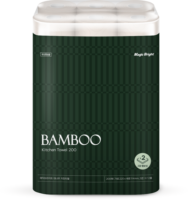 매직브라이트 대나무 키친타올 국산 천연펄프 롤 무표백, 12개, 200매