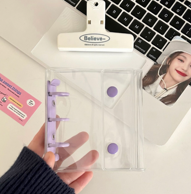 해피지니 미니3공 와이드 똑딱이 다이어리 현금바인더 포카앨범 포카 미니다이어리 투명다이어리 PVC 바인더 현금생활 저축챌린지, 1개, 퍼플