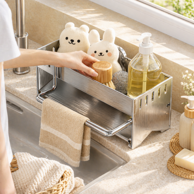 아크포지 싱크대 스텐 물빠짐 수세미 거치대 세제 정리 행주걸이형, 1개, 실버