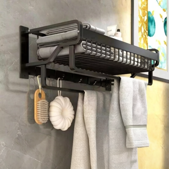 黑色毛巾架 附掛勾 附層架, 黑色雙桿毛巾架, 1個