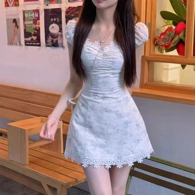 COSYEVNO 여성 여름 퍼프소매 미니 원피스 플라워 레이스 캐주얼 Tzklyq-10