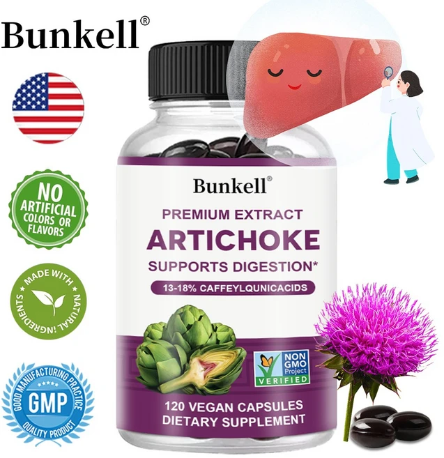 Bunkell 프리미엄 아티초크 잎 추출물 13-18% 카페오일퀴닉산 간 기능 소화 콜레스테롤 담낭 및 심혈관 건강 지원 식이 보충제 120 식물성 캡슐, 60정, 1개 - 쿠팡