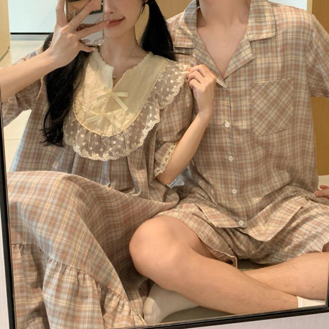 [1+1할인 / 커플세트할인] [원피스/투피스] 소프트체크 여름반팔 커플파자마세트 (면 100% 반팔반바지 순면 커플잠옷 남성 여성 홈웨어 커플템 여행 트윈 봄 선물 신혼부부)