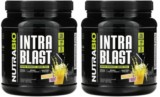 [1+1] NutraBio Labs 뉴트라바이오랩스 인트라 블라스트 718g 패션 후르츠 BCAA 아미노산 루신 류신 발린 이소류신 베지캡슐 고약사 약들약 2통 - 쿠팡