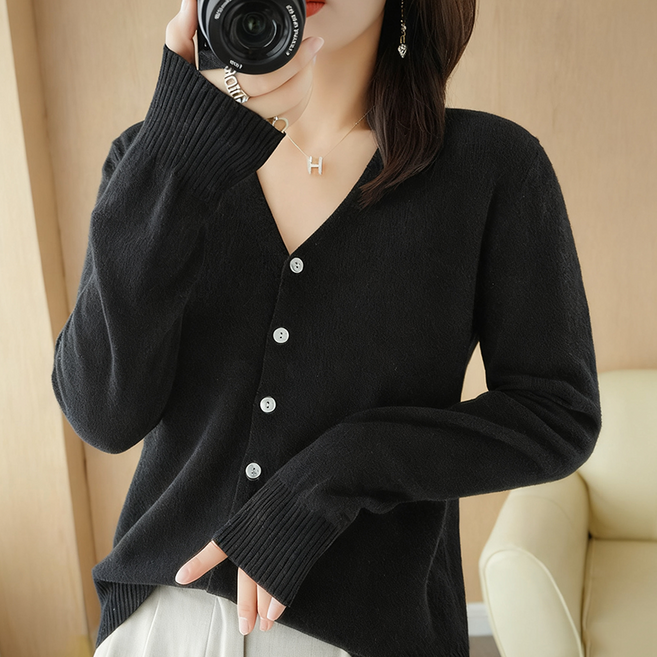 여성 브이넥 니트 가디건 데일리 소프트 베이직 루즈핏 긴팔 아우터 슬림소녀