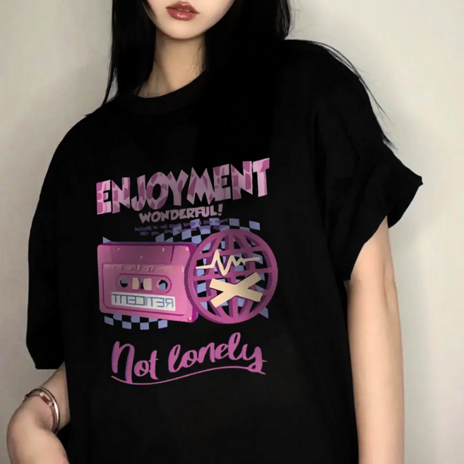 SUNALIFE 여성 핑크 레트로 감성 그래픽 오버핏 반팔 순면 티셔츠