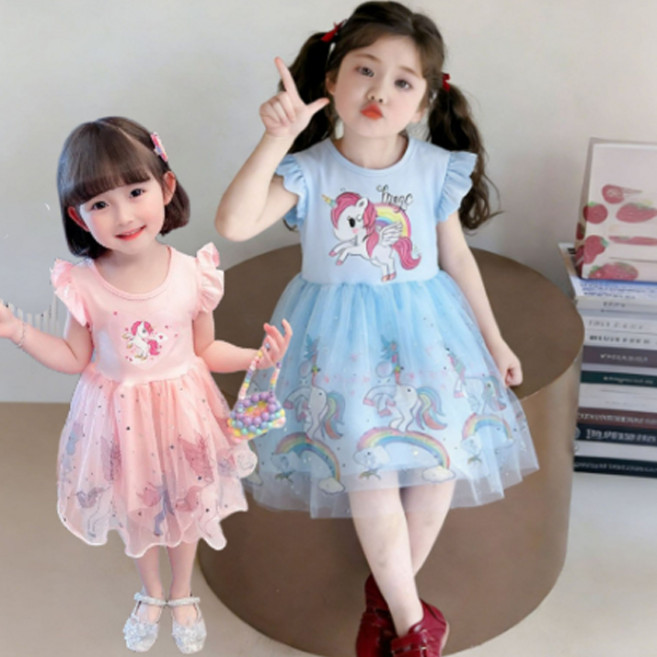 [엔이제이] 26SS최신상 여아 레인보우 유니콘 원피스 반팔 공주드레스 유니콘 파티 원피스 등원룩+ 머리끈 증정