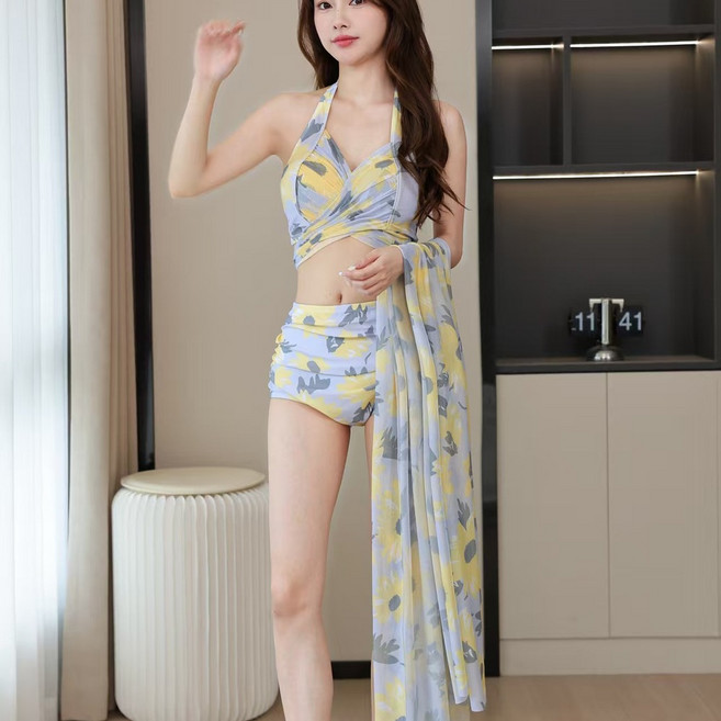 女款分體比基尼三件套 海邊度假溫泉泳裝, 92888綠色