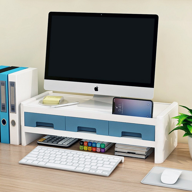 듀얼 모니터받침대 모듈 낮은 1단 와이드 사무실 모니터 선반, 2단 서랍형 블루